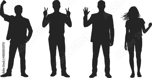 People silhouettes vector illustration set, standing men and woman figures in different poses, human body outline shapes, black shadow characters isolated on white
