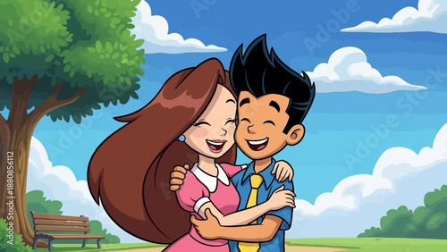 Happy Couple Embracing in Park Outdoors, Cartoon Style