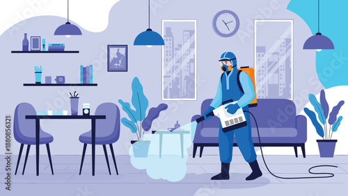 Professional cleaner in blue hazmat suit disinfecting modern living room furniture with specialized equipment and sanitation spray.
