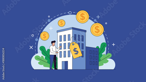 Real estate agent or businessman presenting apartment building for sale with floating dollar coins and price tag graphic.