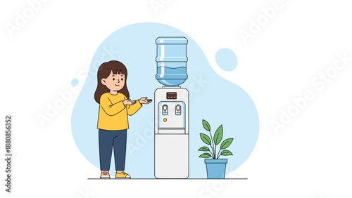 Young woman getting refreshing drink from office water cooler with large bottle on top in clean indoor environment.