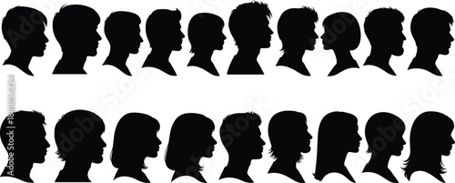Male and female head profile silhouettes collection showing diverse hairstyles, human face side views, people profile vector illustration isolated on white background