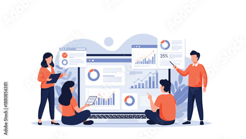 Professional business team analyzing financial growth charts and interactive data visualizations on a large digital screen in a meeting.