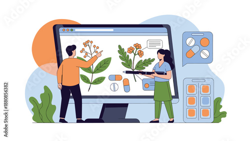 Scientific research team studying the properties of herbal medicines and pharmaceutical capsules using advanced digital analysis tools.