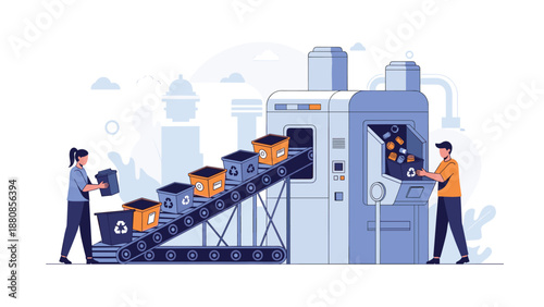 Factory workers sorting various types of waste materials into industrial recycling bins along an automated conveyor belt in a facility.