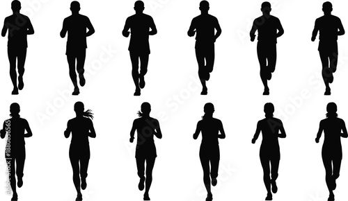 Running people silhouette illustration set showing men and women jogging poses, fitness and cardio training concept, healthy lifestyle collection, black vector isolated on white background