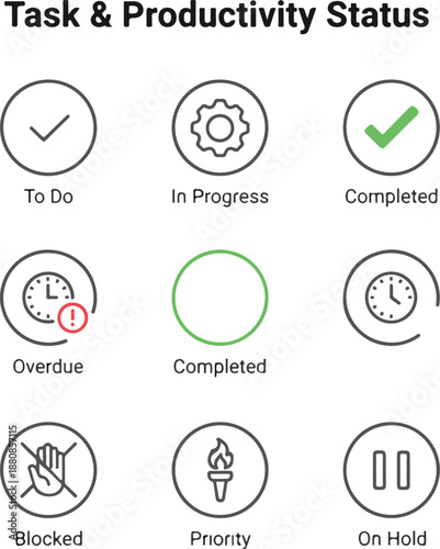 Task and productivity status line icons including to do, in progress, completed, overdue, blocked, priority, white background