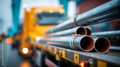 Heavy pipes loaded on a truck ready for transport at a busy construction site during overcast weather