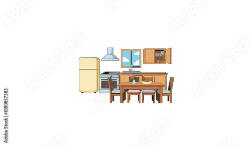 Cartoon kitchen and dining room interior vector illustration