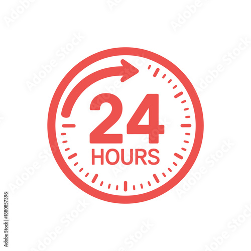 a red 24 hours clock icon with an arrow