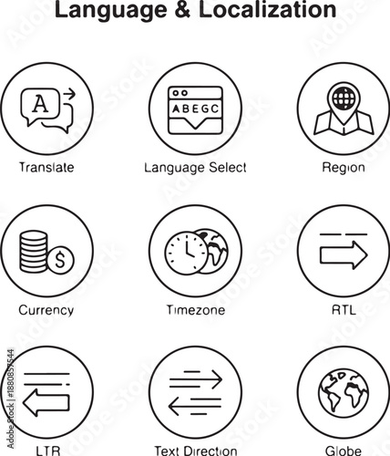 Language and localization control line icons including translate, language select, region, currency, timezone, RTL, LTR, globe, white background.