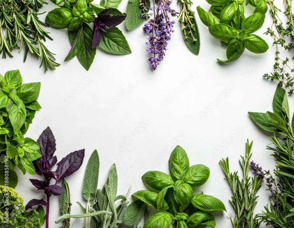 Obraz premium Fresh Culinary Herbs Arranged on White Background for Cooking