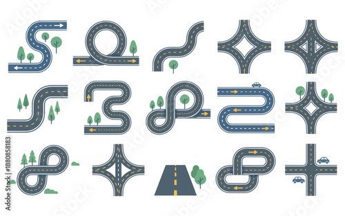 Various road designs and intersections with trees and cars
