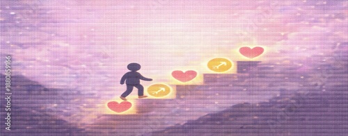 Action over fear mindset, Fair Isle knitting pattern of Icon style silhouette climbing a staircase made of glowing hearts and action icons, emerging from a shadowed valley into a soft Valentine color