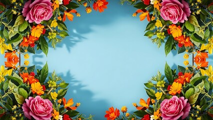 Vibrant floral border with pink roses and colorful blooms