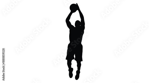 A basketball player in mid air shooting a hoop black silhouette