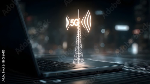 Glowing 5G wireless towers emerge from laptops, providing high-speed connectivity, next-generation mobile technology, data transmission, smart devices, digital communication, and cutting-edge internet