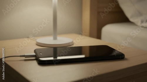 Smartphone charging on bedside table beside lamp in bedroom  
