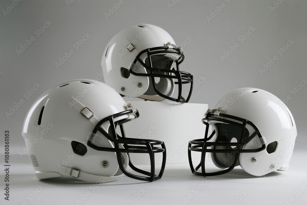 Fototapeta premium Three white football helmets on display