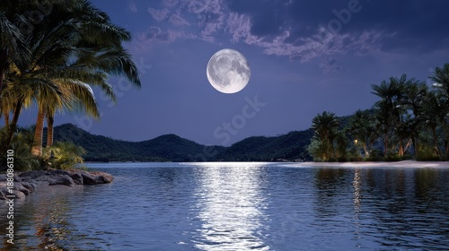 Full Moon Over Tropical Lagoon and Palm Trees at Night