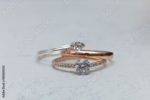 Εκτύπωση καμβά Diamond rings stacked together on a light background in a close up view