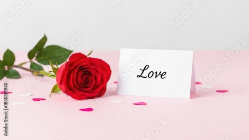 A red rose with green leaves on a pink surface with scattered heart-shaped confetti.