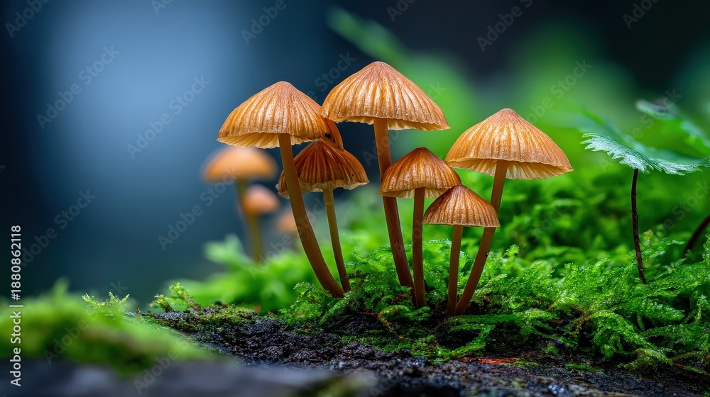 Fototapeta premium Tiny Brown Fungi Sprouting from Vibrant Green Moss Macro