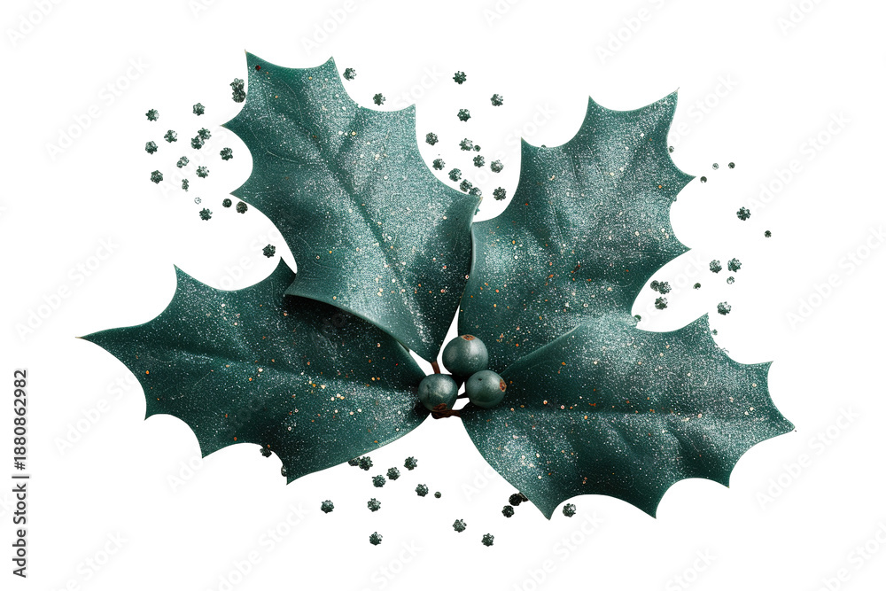 Fototapeta premium This decorative element features glittery holly leaves and shiny berries, creating a festive look with sparkling edges against a transparent backdrop, perfect for seasonal designs