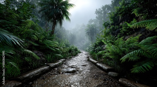 Lush Tropical Jungle Path During Heavy Rain Storm