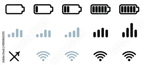 Battery icon set, wifi signal and mobile network symbols, minimal flat vector icons for smartphone interface, app design, ui ux layouts, web dashboards and digital communication systems.