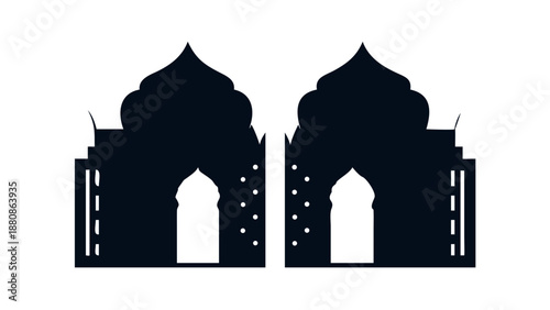 A silhouette of a pair of large, ornate wooden doors of a mosque, partially open with light coming through.