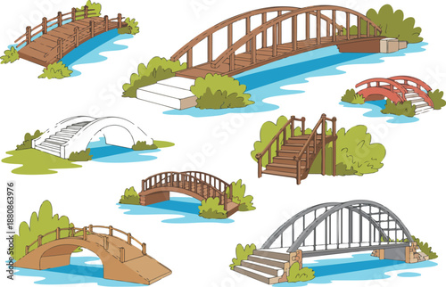 Flat Vector Bridge Set – Wooden, Metal, and Brick Footbridges