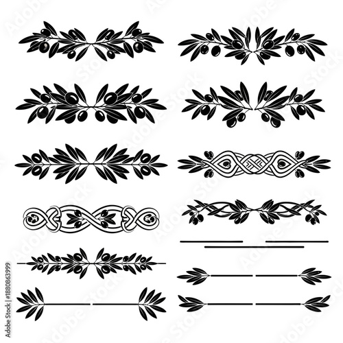 Elegant black and white olive branch borders for sophisticated designs, adding a touch of Mediterranean charm to your projects and events