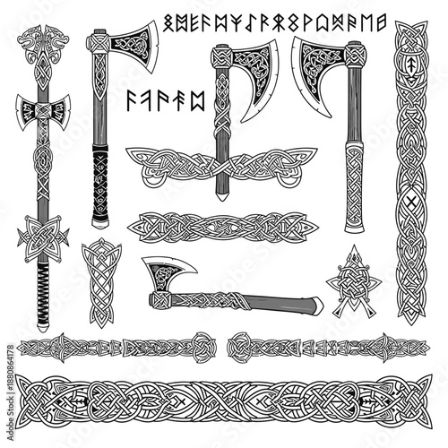 Explore Viking heritage with this collection of rune-etched axes, swords, and intricate knotwork borders perfect for historical designs and Nordic-inspired projects