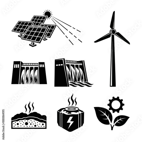 Discover sustainable energy solutions featuring solar panels, wind turbine, hydroelectric dam, geothermal power, and bio energy for a greener future