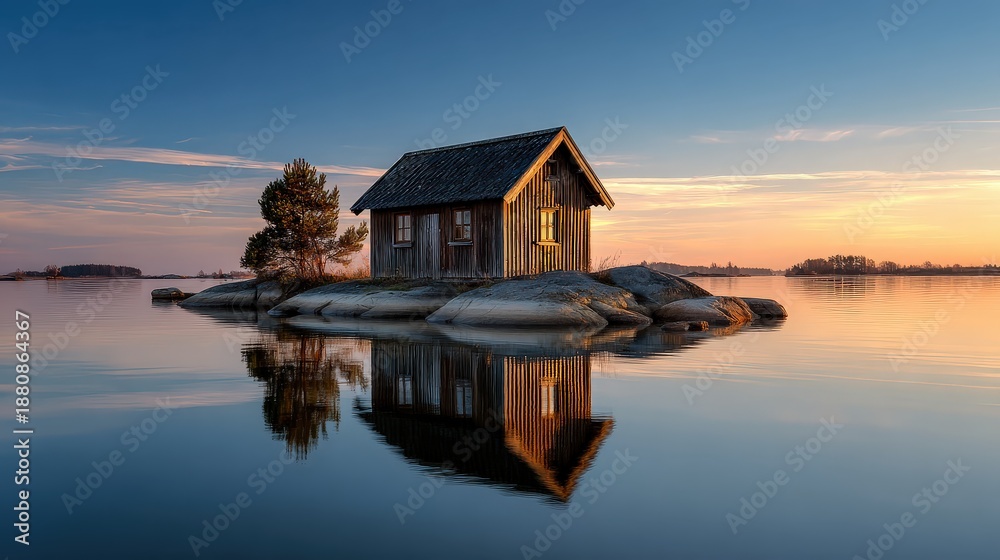 Obraz premium Small Wooden Cabin on a Rocky Island at Sunset with Reflection