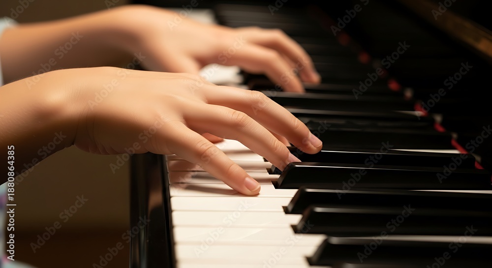 Obraz premium Hands playing piano keys in a focused musical performance.