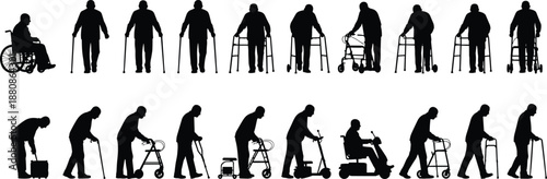 Elderly people silhouettes showing aging process, mobility aids, walkers, wheelchairs, senior independence stages isolated vector illustration on white background