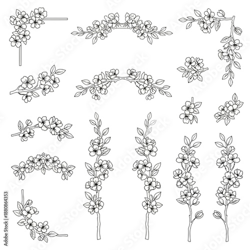 Elegant blossom outline elements for stunning design projects, create a natural, graceful aesthetic with these floral frames and borders for invitations and more
