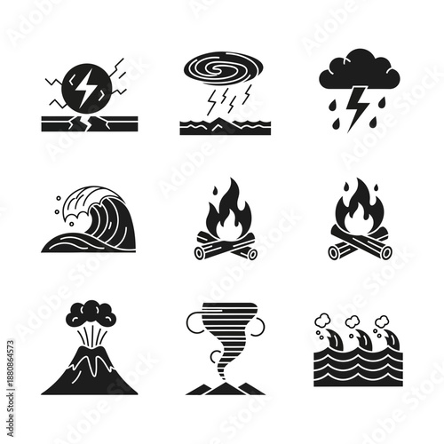 Powerful set of natural disaster icons showcasing earthquakes, storms, volcanoes, tsunamis, and fires, perfect for educational materials, safety guides, and more