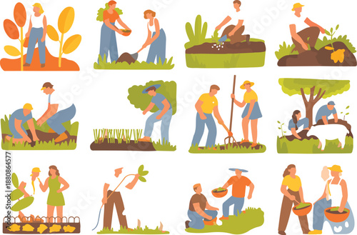 Colorful Farm Life Vector Set – Gardening, Animals, and Rural Scenes
