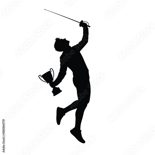 Black silhouette of fencer holding trophy and sword