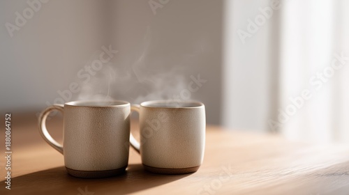 Minimalist scene showing two ceramic mugs with rising steam, placed on a wooden table in soft natural light.
