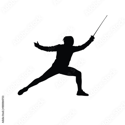 Black silhouette of fencer in fighting stance with sword 2
