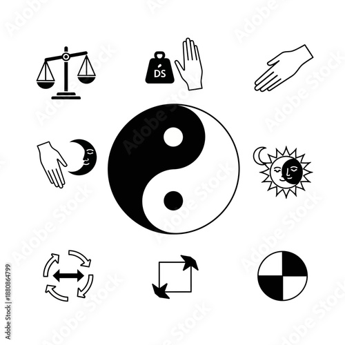 Find harmony and balance with timeless icons of duality, justice, and transformation in this elegant monochrome composition of mystical symbols