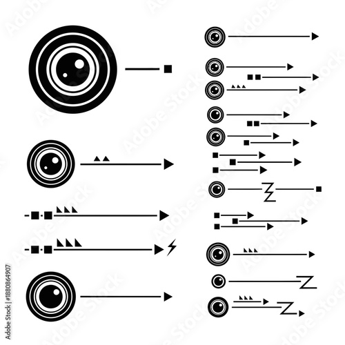 Modern black and white eye symbols with arrows pointing forward convey a feeling of vision, direction, and progress in a minimalist graphic design