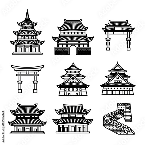 Discover iconic Asian architecture with this stunning graphic set of pagodas, gates, and the Great Wall, perfect for travel and cultural projects!