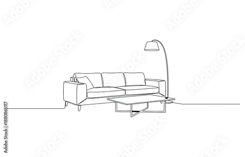 Hand-drawn single-line artwork of a modern living room with a sofa, lamp, plant, and photo frames.