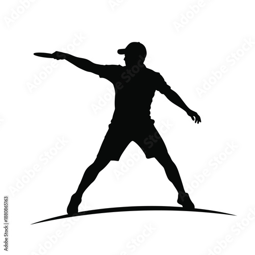 Black silhouette of man throwing discus on white background