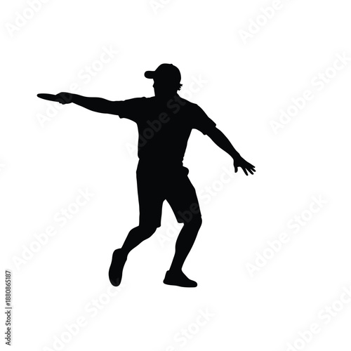 Black silhouette of man wearing baseball cap pointing sideways